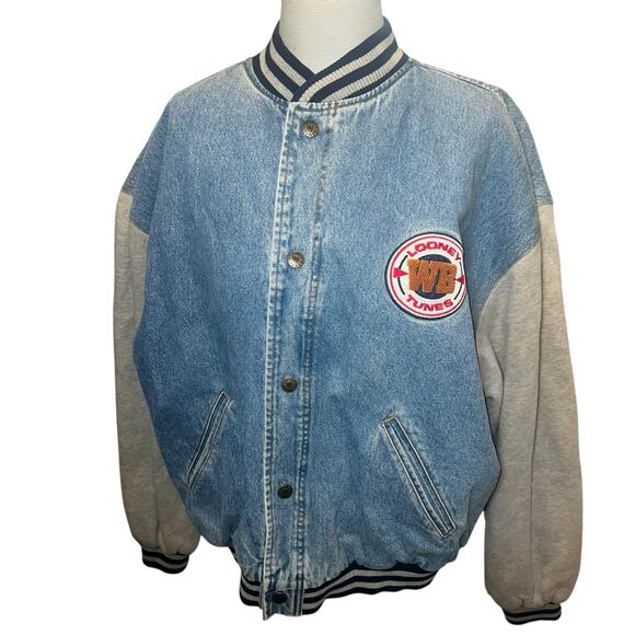 Looney Tunes Vintage Denim Varisity jacket size large 1997 Quilted embroidered - Picture 1 of 14
